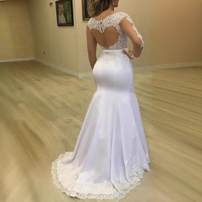 Summer Long Sleeve Exposed Back Satin Wedding Dresses