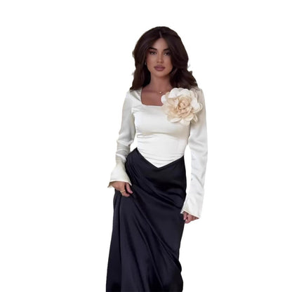 Autumn Satin Patchwork Contrast Color Flower Dresses