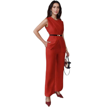 Women's Solid Color Sleeveless Belt Two-piece Casual Suits