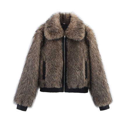 Women's Fashion Casual Contrast Color Fur Coats