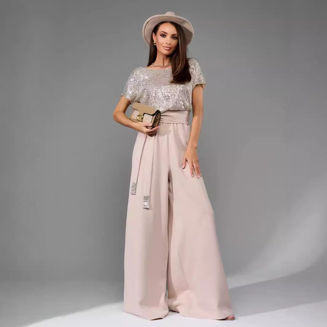 Spring One-piece Sequin Fashion Sleeve Casual Shorts