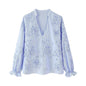 Women's Spring Textured Striped Plate Floral Poplin Blouses
