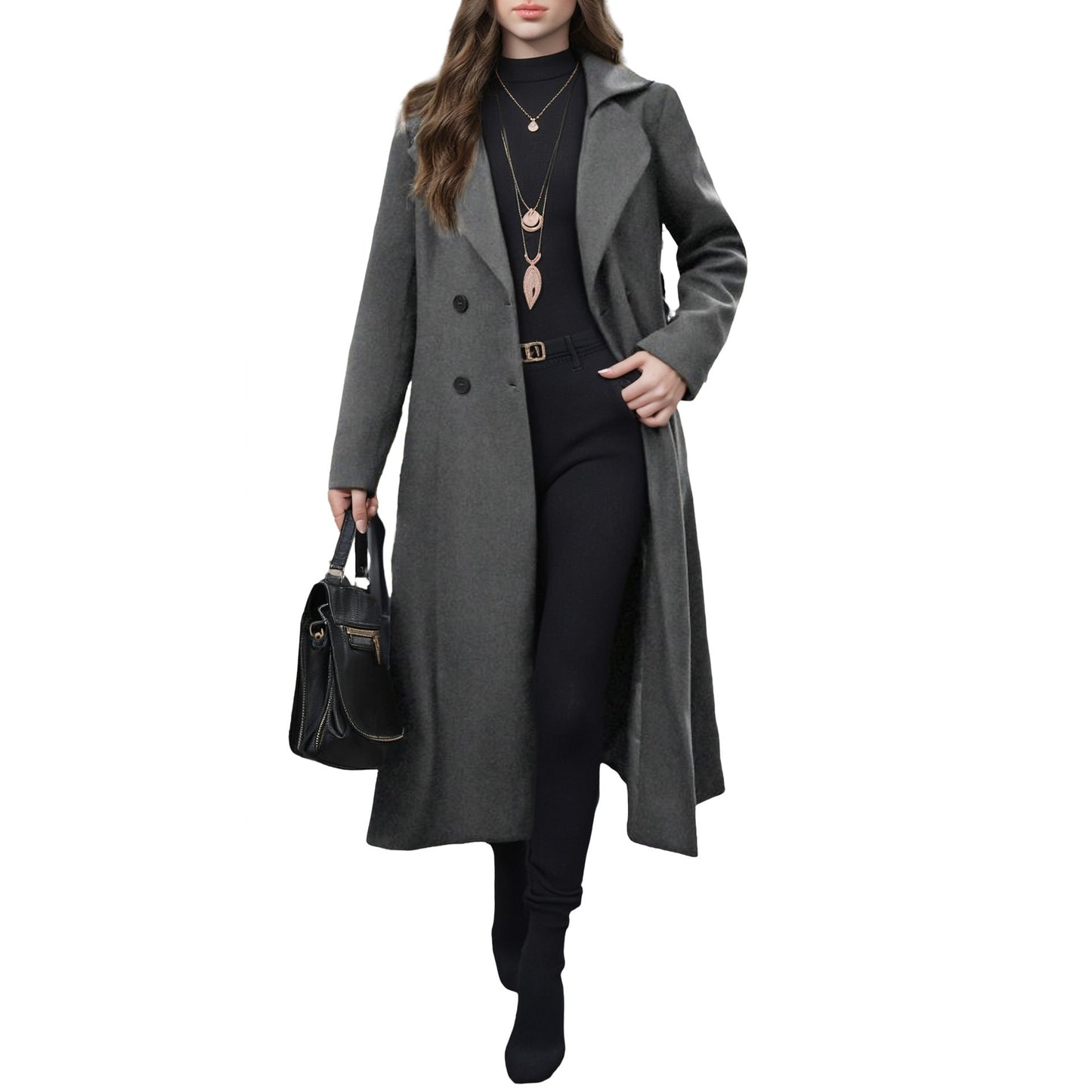 Women's Lapel Woolen Lace Up Double Breasted Extended Coats