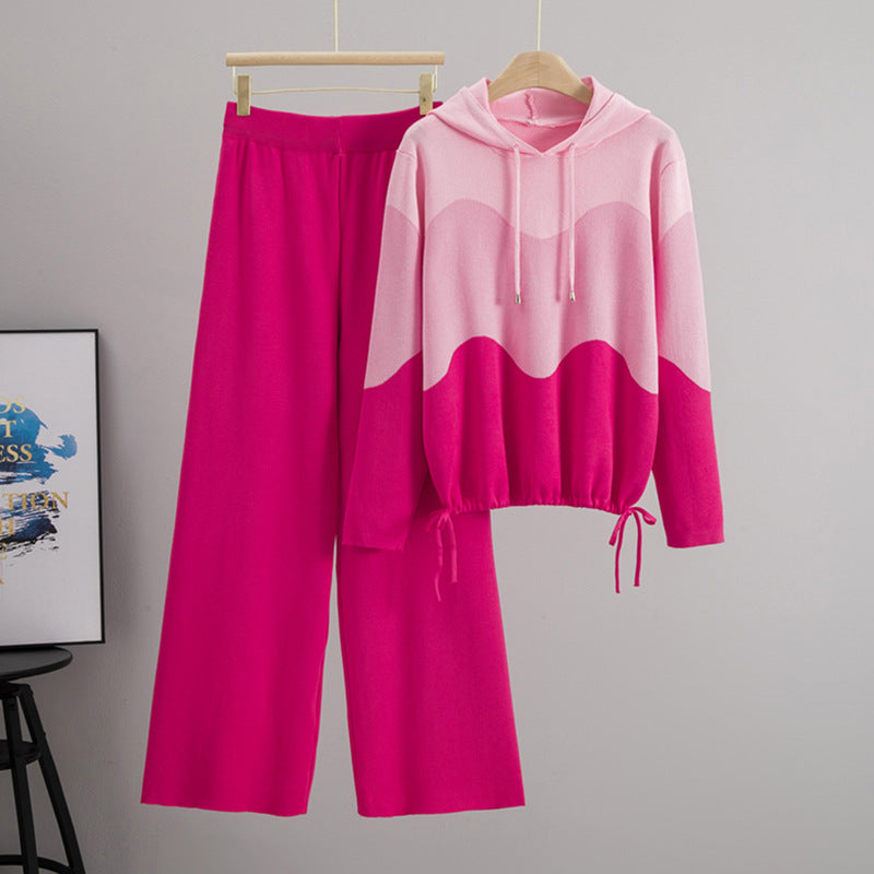 Women's Knitted Hooded Color Matching Casual Sports Suits