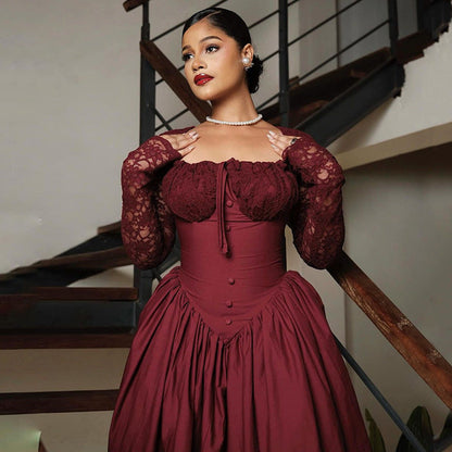 Women's Square Collar Lace Long Sleeve Waist Dresses