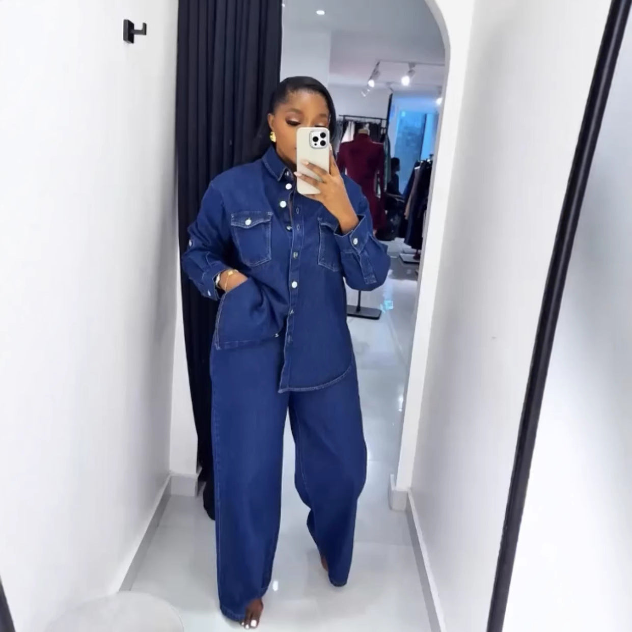 Women's Charming Lapel Pocket Long-sleeved Trousers Tops