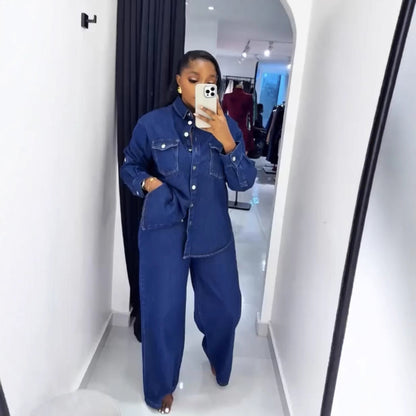 Women's Charming Lapel Pocket Long-sleeved Trousers Tops