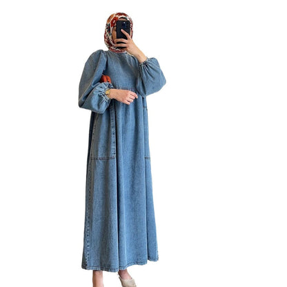 Women's Color Round Neck Lantern Sleeve Loose Dresses