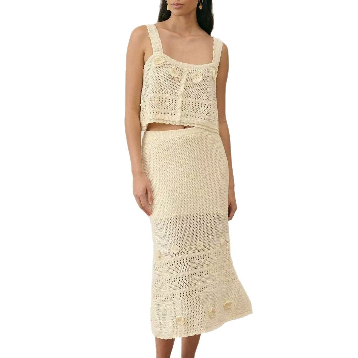 French Minority Handmade Crochet Hollow Camisole Suits