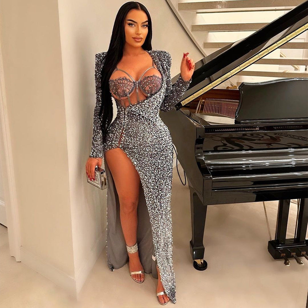Women's Color Sequins Sexy Slit Maxi Dress Suits