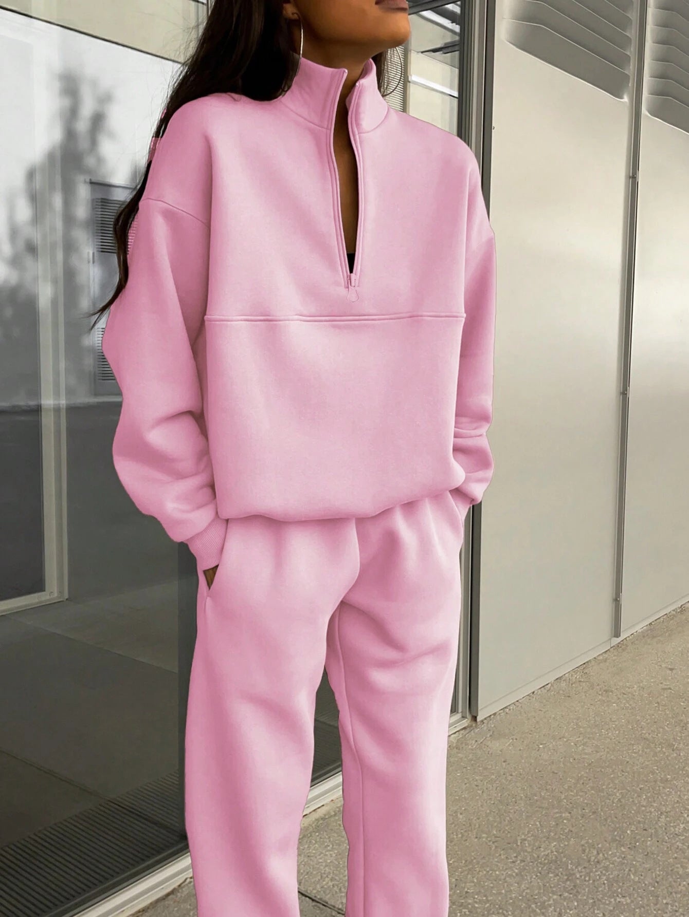 Fashion Zipper Lapel Solid Color Casual Suits
