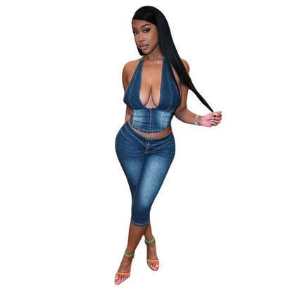 Women's Tube Halter Denim Cropped Stretch Fashion Suits