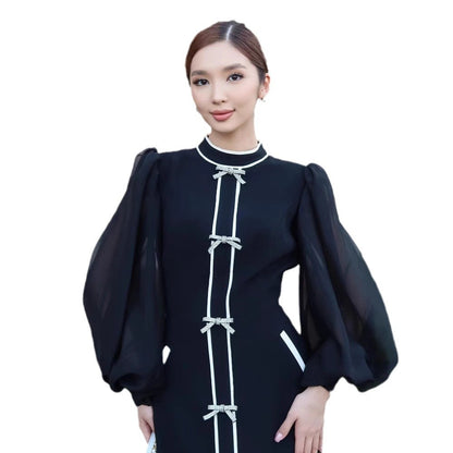 Bow Decoration Color Collision Design Elegant Dresses