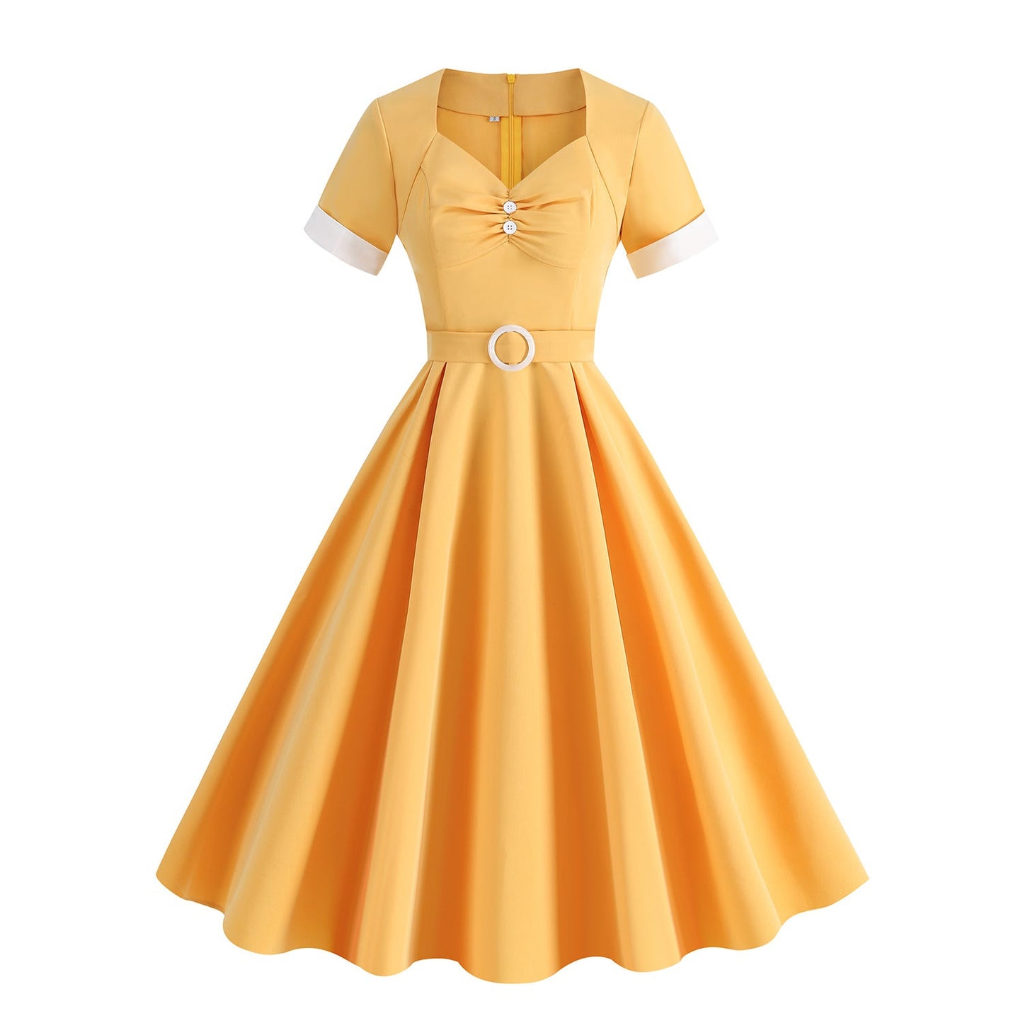 Hepburn Style Retro Square Collar Sleeve High Waist Dresses