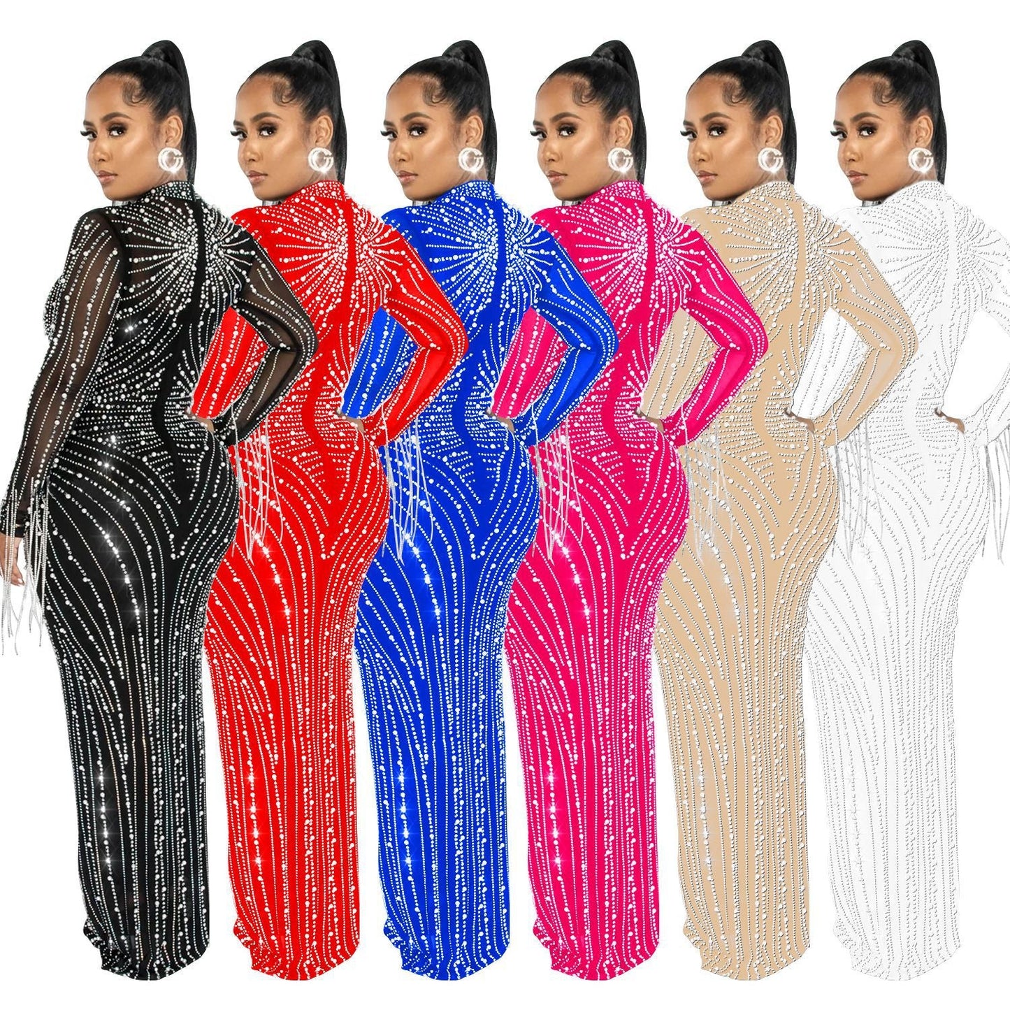 Women's Hot Drilling Long Sleeve Dress Lining Dresses