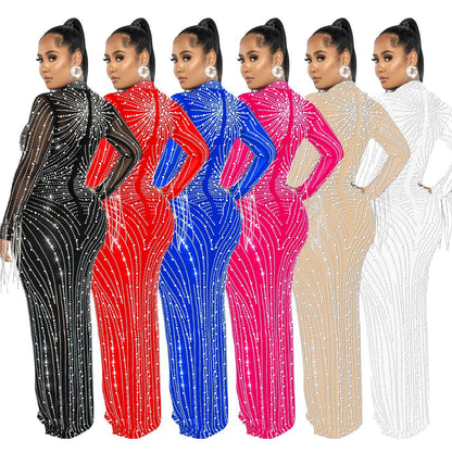 Women's Hot Drilling Long Sleeve Dress Lining Dresses
