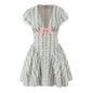 Women's Fashion Sweet French Green Striped Cotton Dresses