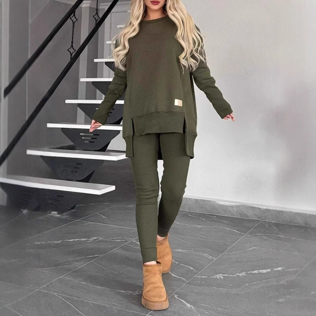 Women's Slit Long Sleeve Crew Neck Casual Suits