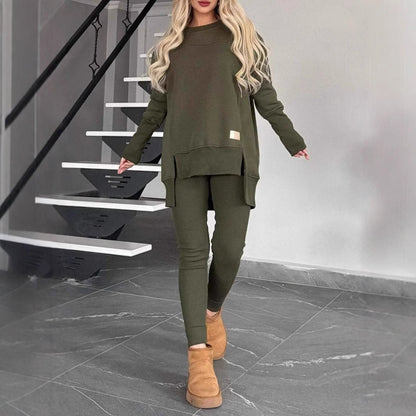 Women's Slit Long Sleeve Crew Neck Casual Suits