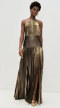 Women's Sleeveless Backless Metallic Pleated Split Halter Dresses