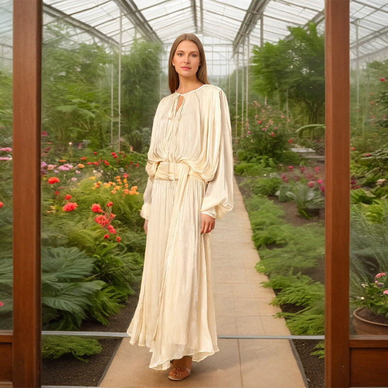 Women's Color Long Dress Autumn Waist Slimming Sleeve Dresses
