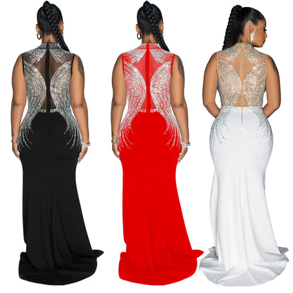 Women's Wear Pure Color Mesh Hot Drilling Split Dresses