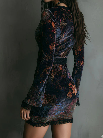 Floral Print Collar Veet Tight Mini Dresses