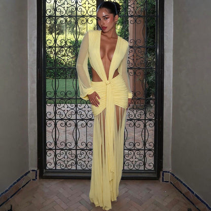 Women's Sexy Mesh Deep Pleated Long-sleeved Dress Dresses