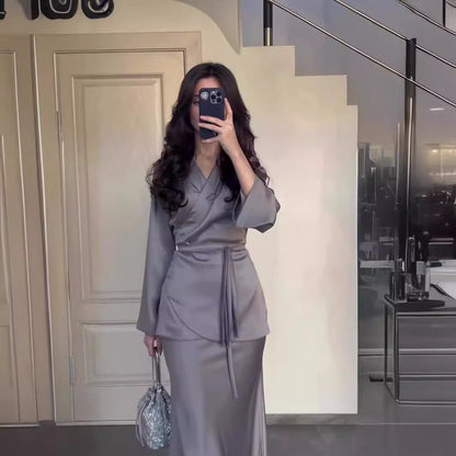 Women's Spring Satin Patchwork Design Long Dress Suits