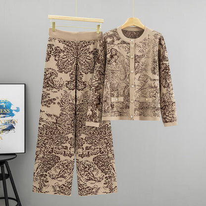 Women's Jacquard Landscape Painting Fashionable Knitted Round Suits