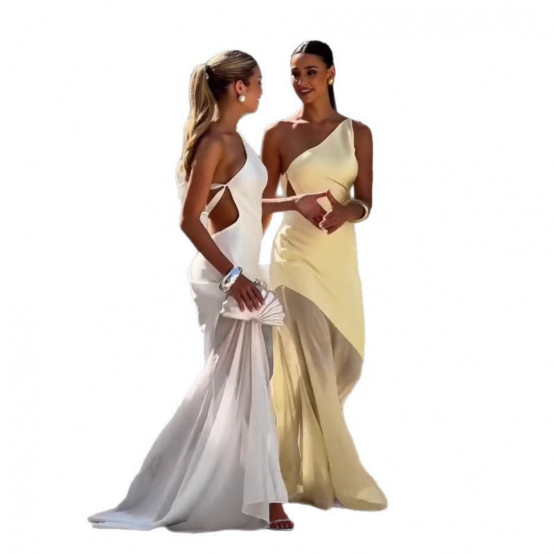 Women's Summer Diagonal Collar Solid Color Dress Clothing