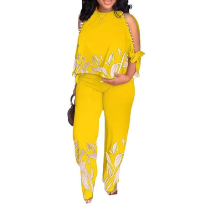 Women's Neck Bead Raglan Sleeve T-shirt Trousers Suits