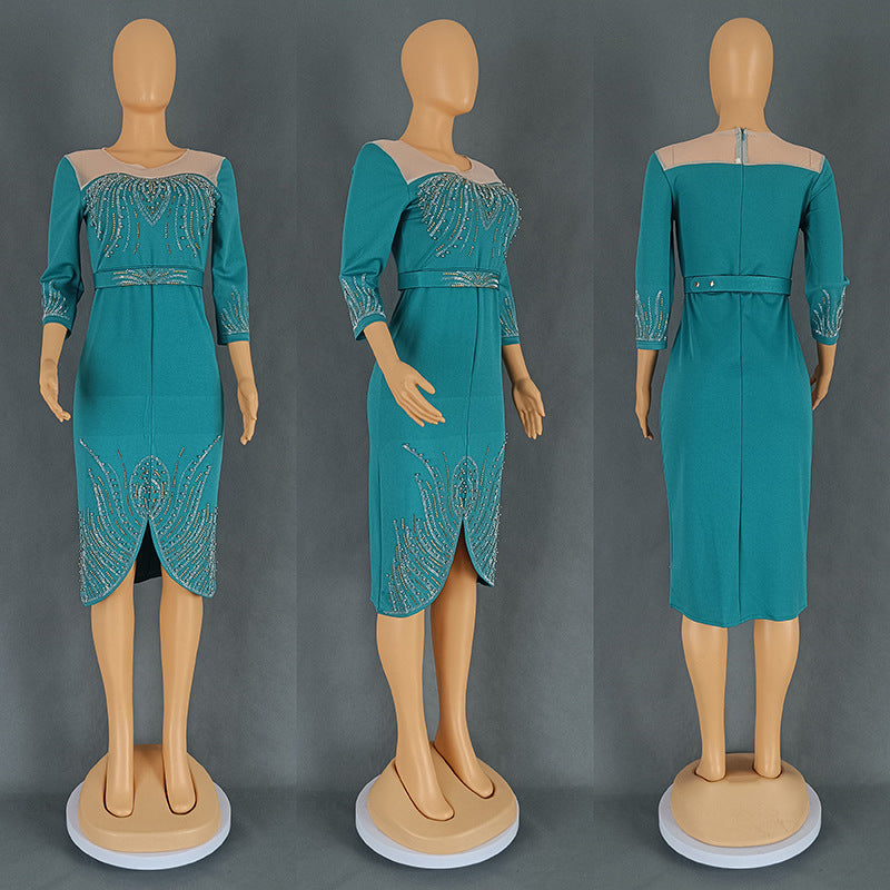 Women's African Fashion Wear Half Sleeve Beaded Hot Drilling Party Dresses