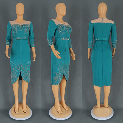 Women's African Fashion Wear Half Sleeve Beaded Hot Drilling Party Dresses