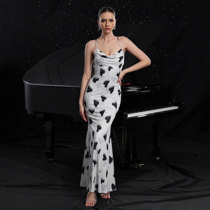 Women's Sexy Suspender Dress Heart Printing Backless Dresses