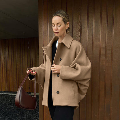 Women's Fashion High-grade Brown Woolen Lapel Batwing Coats