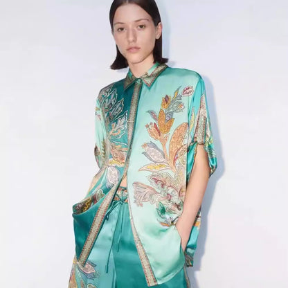 Vintage Printed Satin Sleeve Lapel Shirt Suits