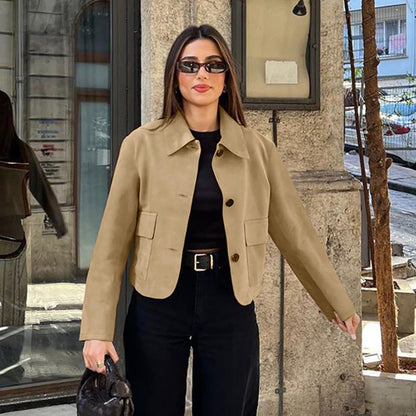 Women's Autumn Fashion Brown Suede Polo Collar Coats