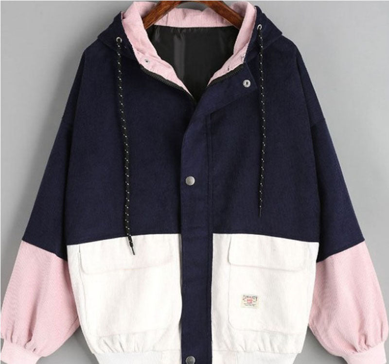 College Style Loose Color Matching Hooded Coats