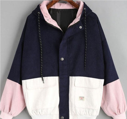 College Style Loose Color Matching Hooded Coats
