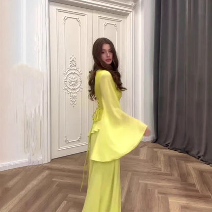 Elegant Flare Sleeve Long Ruffled Design Dresses