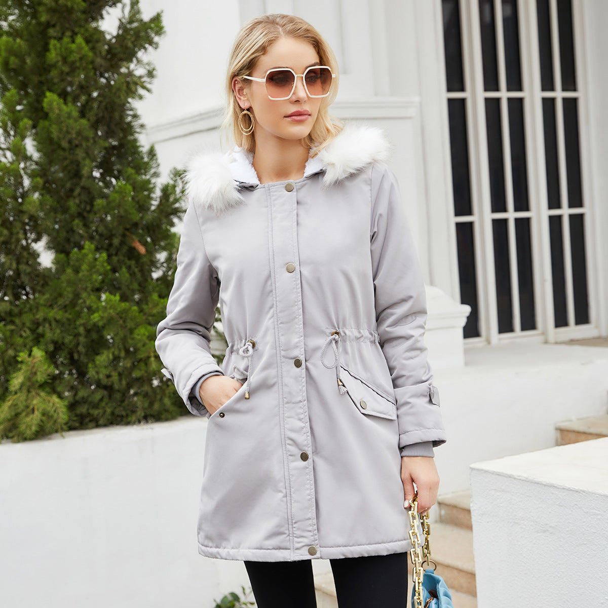 Women's Detachable Fur Collar Long-sleeved Hooded Coats