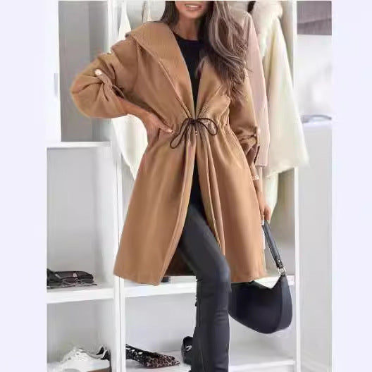 Women's Hooded Lapel Tied Casual Long Sleeve Coats