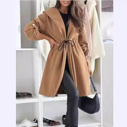 Women's Hooded Lapel Tied Casual Long Sleeve Coats