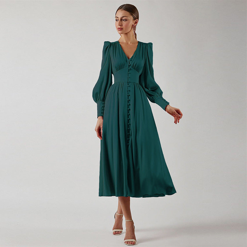 Women's Sleeve Elegant Slim Satin Court Waist Dresses