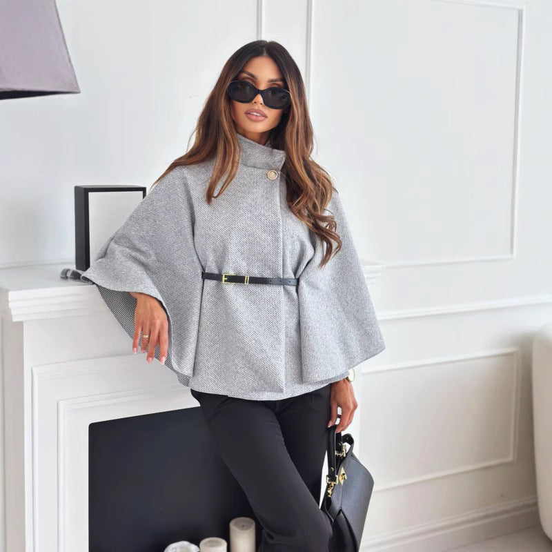 Solid Color Waist Tight Strap Woolen Coats