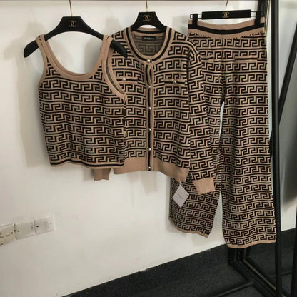 Women's Jacquard Knitted Three-piece Set High Waist Suits