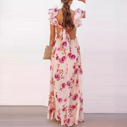 Women's Clothes Flower Print Stitching Backless Summer Dresses