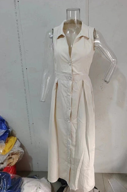 Autumn Solid Color Polo Collar Pleated Long Dresses