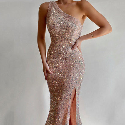 Women's Winter Pink Split Dress One Shoulder Dresses